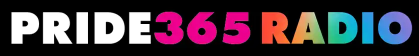 Pride 365 Radio logo typed out horizontally with the word "Pride" in a white font, "365" in a fuchsia font, and "Radio" in a rainbow colored font.