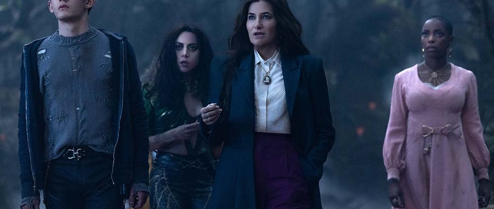 Joe Locke, Aubrey Plaza, Kathryn Hahn, and Sasheer Zamata as Teen, Rio, Agatha, and Jen, Disney+’s Agatha All Along