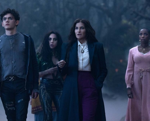 Joe Locke, Aubrey Plaza, Kathryn Hahn, and Sasheer Zamata as Teen, Rio, Agatha, and Jen, Disney+’s Agatha All Along