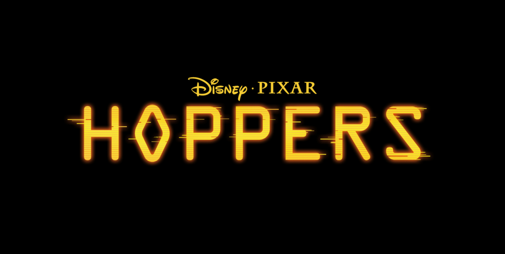 Disney Pixar's Hoppers logo in yellow on black background.