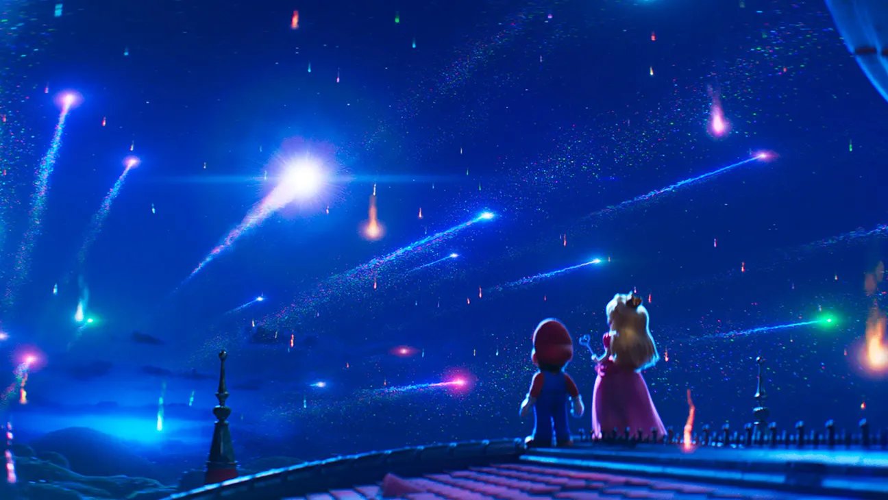 Mario and Peach look up at shooting stars across the galaxy.