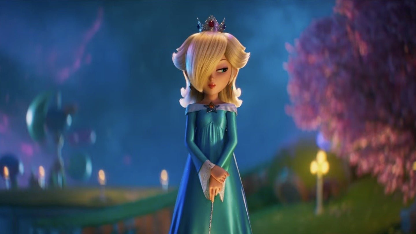 Rosalina stares forward in a teal colored dress against a dark evening sky.