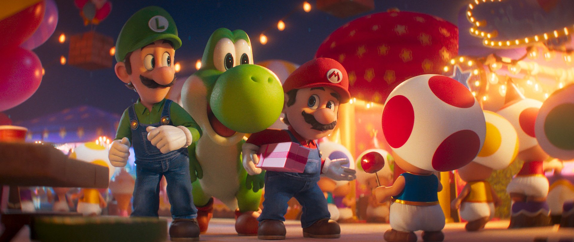 Luigi, Yoshi, and Mario talk to Toad.