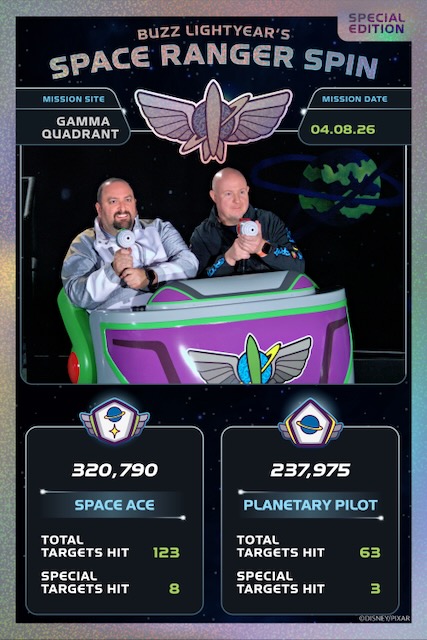 An image from Disney PhotoPass showing two riders holding laser blasters on Buzz Lightyear's Space Ranger Spin at Magic Kingdom.