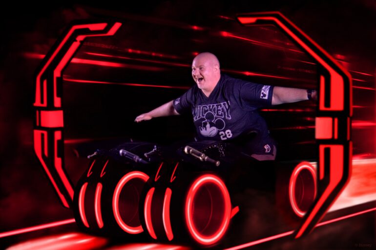 Jerry Houston riding Tron Lightcyle Run at Disney's Magic Kingdom Park